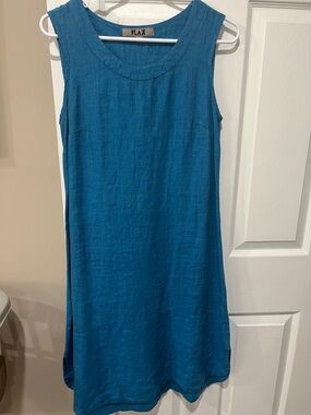 Flax Teal Blue Sleeveless Linen Shift Dress